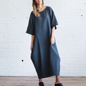 Becasa Linen Midi Dress Slate Blue OS Oversized Minimalist Pockets